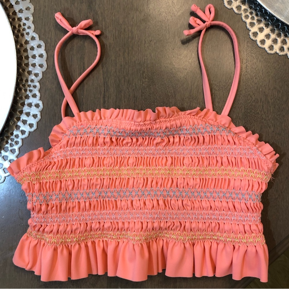 Lucky Brand Girls Embroidered Scrunch Ruffle Crop UPF Bikini Bathing Suit Top